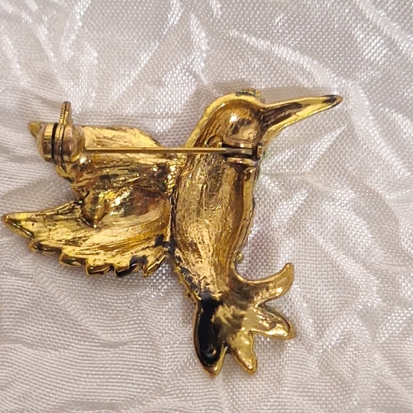 Vintage Gold Tone Pink Green Rhinestone HUMMINGBIRD Brooch - Picture 9 of 9